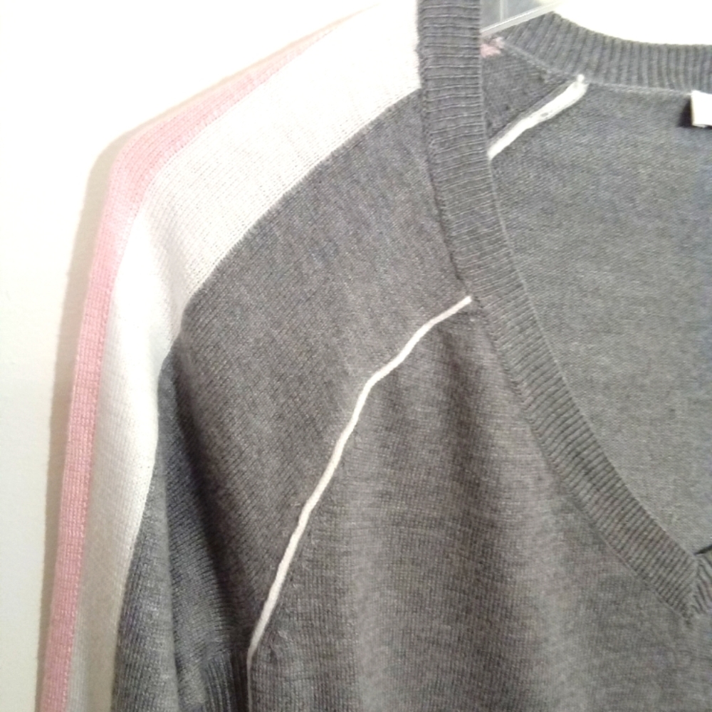 V Neck Collegiate Style Sweater with tipping and 3/4 Sleeves